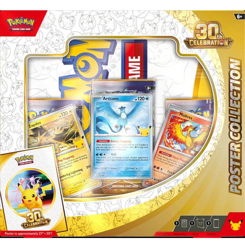 Pokémon TCG 30th Celebration Poster Collection factory sealed featuring Articuno, Zapdos, and Moltres foil promos and double-sided poster — available at FineToys.ca.